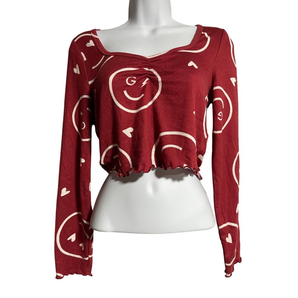Gilly Hicks Red Long Sleeve Cropped Sleep Top Smiley Ruched Womens Size Small